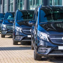 Black Mercedes-Benz V class, front view minivan in a row in a parking lot. Russia, Saint-Petersburg. 26 march 2020